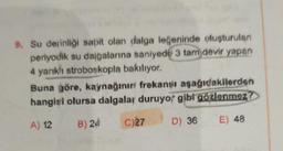 9. Su derinliği sabit olan dalga leğeninde oluşturulan
periyodik su dalgalarına saniyede 3 tam devir yapan
4 yarıklı stroboskopla bakılıyor.
Buna göre, kaynağının frekansı aşağıdakilerden
hangisi olursa dalgalar duruyor gibi gözlenmez?
A) 12
B) 24
D) 36 E) 48
C)27