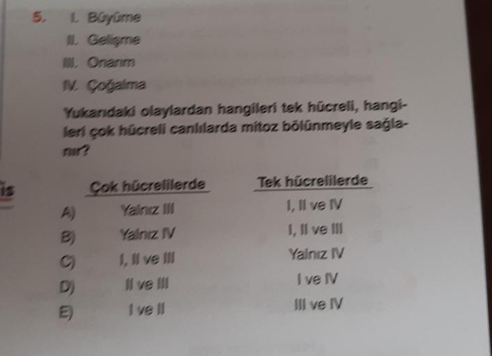IS
5.
1. Büyüme
II. Geligme
II., Onanm
IV. Çoğalma
Yukarıdaki olaylardan hangileri tek hücreli, hangi-
leri çok hücreli canlılarda mitoz bölünmeyle sağla-
nir?
A)
D)
E)
Çok hücrelilerde
Yalnız III
Yalnız IV
I, II ve III
Il ve !!!
Ivell
Tek hücrelilerde
I,