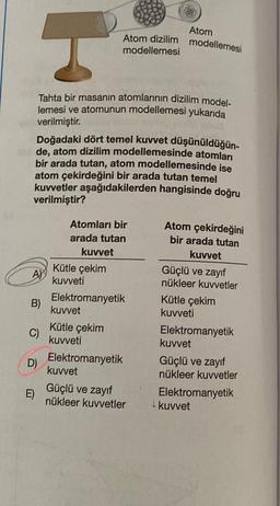 T
Tahta bir masanın atomlarının dizilim model-
lemesi ve atomunun modellemesi yukarıda
verilmiştir.
Doğadaki dört temel kuvvet düşünüldüğün-
de, atom dizilim modellemesinde atomları
bir arada tutan, atom modellemesinde ise
atom çekirdeğini bir arada tutan temel
kuvvetler aşağıdakilerden hangisinde doğru
verilmiştir?
A)
B)
C)
D)
E)
Atomları bir
arada tutan
kuvvet
Atom
Atom dizilim modellemesi
modellemesi
Kütle çekim
kuvveti
Elektromanyetik
kuvvet
Kütle çekim
kuvveti
Elektromanyetik
kuvvet
Güçlü ve zayıf
nükleer kuvvetler
Atom çekirdeğini
bir arada tutan
kuvvet
Güçlü ve zayıf
nükleer kuvvetler
Kütle çekim
kuvveti
Elektromanyetik
kuvvet
Güçlü ve zayıf
nükleer kuvvetler
Elektromanyetik
kuvvet