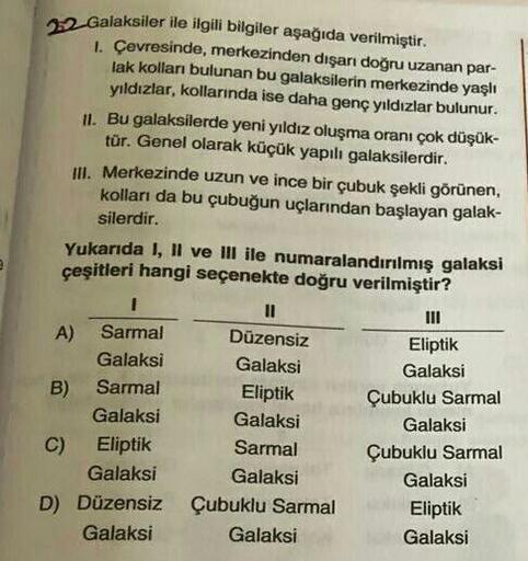 22-Galaksiler ile ilgili bilgiler aşağıda verilmiştir.
1. Çevresinde, merkezinden dışarı doğru uzanan par-
lak kolları bulunan bu galaksilerin merkezinde yaşlı
yıldızlar, kollarında ise daha genç yıldızlar bulunur.
II. Bu galaksilerde yeni yıldız oluşma or