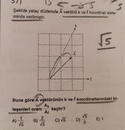 S
Şekilde yatay düzlemde A vektörü k ve koordinat siste-
minde verilmiştir.
√5
Buna göre A vektörünün k ve l koordinatlarındaki bi-
Ak
leşenleri oranı
1
√5
A)
kaçtır?
2
B) C) √5
C) √5
√5
Al
D)
√5
2
E) 1