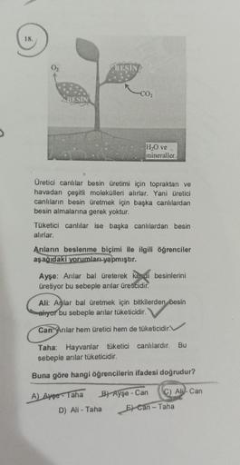 18.
BESİN
BESIN
CO₂
Üretici canlılar besin üretimi için topraktan ve
havadan çeşitli molekülleri alırlar. Yani üretici
canlıların besin üretmek için başka canlılardan
besin almalarına gerek yoktur.
H₂O ve
mineraller
Tüketici canlılar ise başka canlılardan