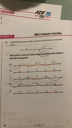 E EŞİTSİZLİKLER
-1
c...
İZ TESTİ - 2
ÜNİTE 2: Denklemler ve Eşitsizlikler
3. Aşağıdaki sayı doğrusunda x sayısının bulunduğu yer gösteril-
miştir.
4.
A)
B)
C)
NR)
E)
Buna göre, x sayısının bulunduğu en geniş aralık aşağıda-
kilerden hangisidir?
sni
ON
-2
-
