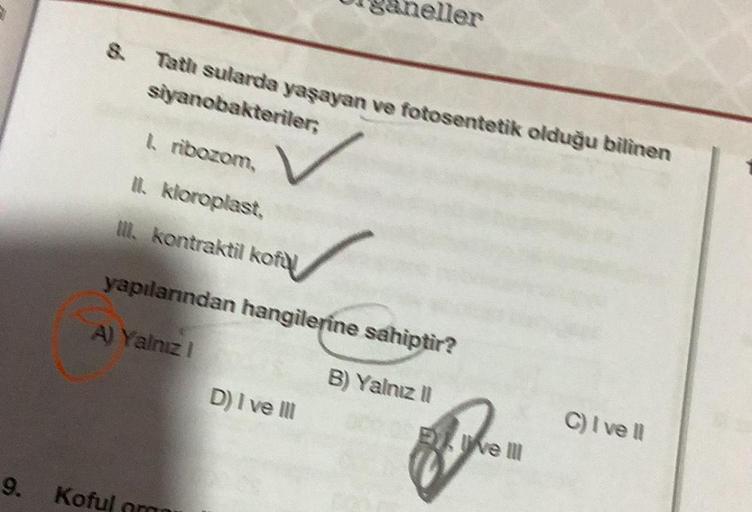 9.
Tatlı sularda yaşayan ve fotosentetik olduğu bilinen
siyanobakteriler;
1. ribozom,
II. kloroplast,
III. kontraktil koful
ller
yapılarından hangilerine sahiptir?
A) Yalnız I
B) Yalnız II
Koful omn
D) I ve III
Eve III
C) I ve Il
