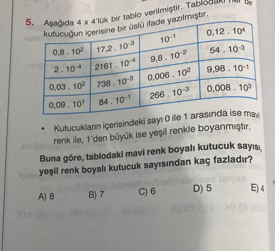 5. Aşağıda
x 4'lük bir tablo verilmiştir. Tab
kutucuğun içerisine bir üslü ifade yazılmıştır.
0,8.102
17,2.10-3
2.104 2161.10-4
0,03.102 738.10-3
0,09.10¹ 84.10-1
A) 8
SIT (3
10-1
9,8.10-2
0,006.102
266.10-3
B) 7
Dir
C) 6
0,12.104
Kutucukların içerisindeki