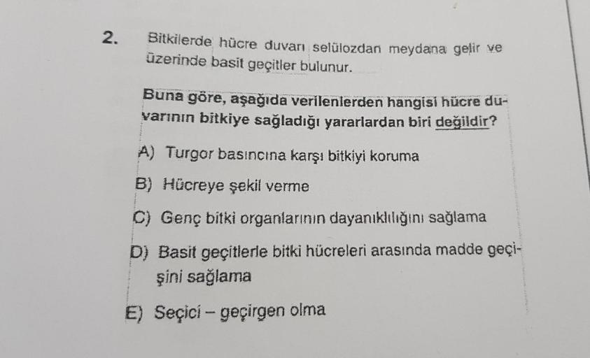 2.
Bitkilerde hücre duvarı selülozdan meydana gelir ve
üzerinde basit geçitler bulunur.
Buna göre, aşağıda verilenlerden hangisi hücre du-
varının bitkiye sağladığı yararlardan biri değildir?
A) Turgor basıncına karşı bitkiyi koruma
B) Hücreye şekil verme