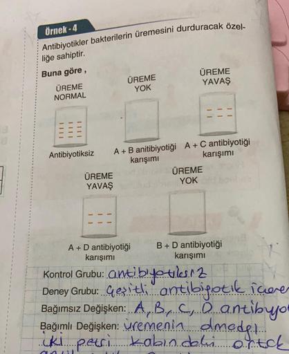 Örnek-4
Antibiyotikler bakterilerin üremesini durduracak özel-
liğe sahiptir.
Buna göre,
ÜREME
NORMAL
||||
1111
Antibiyotiksiz
ÜREME
YAVAŞ
ÜREME
YOK
ÜREME
YAVAŞ
A + B anitibiyotiği A + C antibiyotiği
karışımı
karışımı
A + D antibiyotiği
karışımı
ÜREME
YOK
