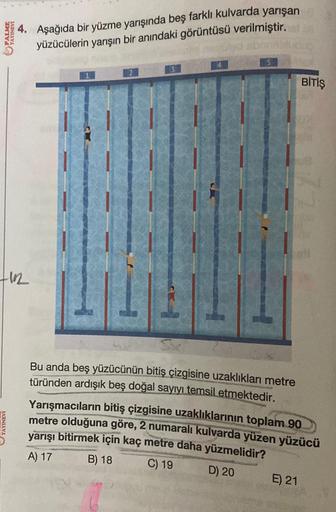 PALME
4. Aşağıda bir yüzme yarışında beş farklı kulvarda yarışan
yüzücülerin yarışın bir anındaki görüntüsü verilmiştir.
fin
5
Bu anda beş yüzücünün bitiş çizgisine uzaklıkları metre
türünden ardışık beş doğal sayıyı temsil etmektedir.
BİTİŞ
Yarışmacıların