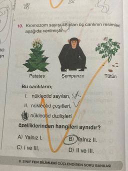 klı
en
Ankara
88
10. Kromozom sayısı 48 olan üç canlının resimleri
aşağıda verilmiştir.
esi
Patates
Şempanze
A) Yalnız I.
C) I ve III.
TO
Bu canlıların;
1. nükleotid sayıları, Nelom us
ASV
II. nükleotid çeşitleri,
nükleotid dizilişleri
özelliklerinden hangileri aynıdır?
Tütün
B) Yalnız II.
D) II ve III.
8. SINIF FEN BİLİMLERİ GÜÇLENDİREN SORU BANKASI