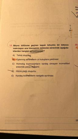 vitroms
18. Mayoz bölünme geçiren kapalı tohumlu bir bitkinin
makrospor ana hücresinin bölünme sürecinde aşağıda-
kilerden hangisi gerçekleşmez?
Hevu oromal
HINH
HR
R
A) Tetrat oluşumu
B) Eşlenmiş sentriellerin zıt kutuplara çekilmesi
C) Homolog kromozomların kardeş olmayan kromatitleri
arasında parça değişimi
9) Hücre plağı oluşumu
E) Kardeş kromatitlerin rastgele ayrılması
YENK
Bu
kö
(R
20.
28