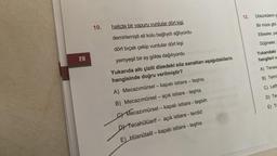 28
10.
haliçte bir vapuru vurdular dört kişi
demirlemişti eli kolu bağlıydı ağlıyordu
dört bıçak çekip vurdular dört kişi
yemyeşil bir ay gökte dağılıyordu
Yukarıda altı çizili dizedeki söz sanatları aşağıdakilerin
hangisinde doğru verilmiştir?
A) Mecazımürsel - kapalı istiare - teşhis
B) Mecazımürsel - açık istiare - teşhis
C) Mecazımürsel - kapalı istiare - teşbih
D) Tecahülüarif- açık istiare - terdid
E) Hüsnütalil-kapalı istiare - teşhis
12.
Döküntülerin y
Bir müze gibi
Elbiseler, pa
Düğmeler,
Yukarıdaki
hangileri v
A) Tenasi
B) Telmi
C) Leffi
D) Ter
E) Te