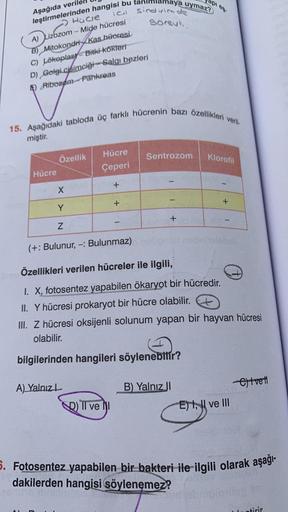 Aşağıda verile
leştirmelerinden hangisi bu
Hücre
A) Lizozom - Mide hücresi
B) Mitokondri Kas hücresi
C) Lökoplast Bitki kökleri
D) Golgi cisimciği-Salgı bezleri
E) Ribozom-Pankreas
Hücre
15. Aşağıdaki tabloda üç farklı hücrenin bazı özellikleri veril
mişti