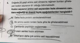 5.
Doğada 20 çeşit amino asit olmasına rağmen bunları şifrele-
yen kodon sayısının 61 olduğu bilinmektedir.
Kodon sayısının amino asit sayısından fazla olmasının can-
lılara sağladığı en önemli fayda aşağıdakilerden hangisidir?
A) Daha fazla protein sentezlenebilmesi
B. Bir amino asidin birden fazla şifre ile şifrelenebilmesi
C) Canlılarda çeşitliliğin sağlanması
DY Protein sentez hızını artırması
tRNA'ların daha çok amino asit taşıyabilmesi