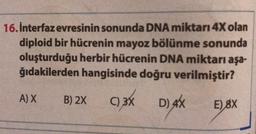 16. İnterfaz evresinin sonunda DNA miktarı 4X olan
diploid bir hücrenin mayoz bölünme sonunda
oluşturduğu herbir hücrenin DNA miktarı aşa-
ğıdakilerden hangisinde doğru verilmiştir?
D) 4X
A) X
B) 2X
C) 3X
E), 8X