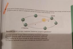62. Güney yarım kürede yaşayan ve mevsimlerin oluşumuna Güneş'e olan mesafenin etkisi olduğu yönünde kavram
yanılgısına sahip bir öğrenci aşağıdaki görsel ile kendisini ifade etmektedir. (F>H)
3 Ocak
4 Temmuz
F
H
Öğrencideki kavram yanılgısı aşağıdaki ifadelerden hangisi ile giderilemez?
A3 Ocak tarihinde Yengeç dönencesinde kış mevsiminin yaşanması
B8 Ocak tarihinde Oğlak dönencesinde yaz mevsiminin yaşanması
(C) Aynı tarihte her iki yarım kürede de farklı mevsimlerin yaşanması
D) 4 Temmuz tarihinde Kuzey yarım kürede yaz mevsiminin yaşanması