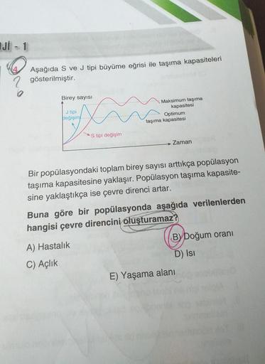 Ji - 1
Aşağıda S ve J tipi büyüme eğrisi ile taşıma kapasiteleri
gösterilmiştir.
Birey sayısı
J tipi
değişim
S tipi değişim
Maksimum taşıma
kapasitesi
A) Hastalık
C) Açlık
Optimum
taşıma kapasitesi
Zaman
Bir popülasyondaki toplam birey sayısı arttıkça popü