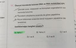 ar için
inden
1
1
1
1
1
11. Ökaryot hücrelerde bulunan DNA ve RNA molekülleri için;
çekirdek SIVISI, mitokondri ve kloroplast organellerinin sivi
kısmında bulunma
H. hücrelerin sitoplazma sıvısında da görev yapabilme
Whücre bölünmesi sırasında kendi kopyasını yapabilme (eş-
lenebilme)
özelliklerinden hangileri ortaktır?
A) Yalnız I
D) I ve III
B) Yalnız II
E) II ve III
C) I ve II
ni,
ile
St
ir.