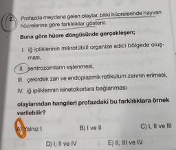 2.
Profazda meydana gelen olaylar, bitki hücrelerinde hayvan
hücrelerine göre farklılıklar gösterir.
Buna göre hücre döngüsünde gerçekleşen;
1. iğ ipliklerinin mikrotübül organize edici bölgede oluş-
ması,
II. sentrozomların eşlenmesi,
III. çekirdek zarı ve endoplazmik retikulum zarının erimesi,
IV. iğ ipliklerinin kinetokorlara bağlanması
olaylarından hangileri profazdaki bu farklılıklara örnek
verilebilir?
A) Yalnız I
D) I, II ve IV
B) I ve II
C) I, II ve III
E) II, III ve IV