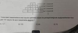 3
A) 107
N
11
:
5
13
Yukarıdaki basamaklara asal sayılar şekildeki düzen ile yerleştirildiğinde aşağıdakilerden han-
gisi 101 sayısı ile aynı basamakta değildir?
B) 103
1. basamak
2. basamak
3. basamak
4. basamak
:
C) 83
D) 73