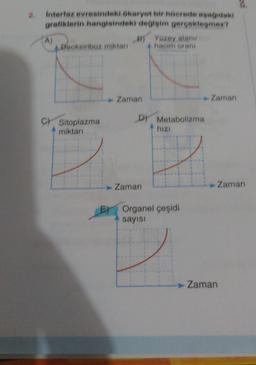 interfaz evresindeki ökaryot bir hücrede aşağıdaki
grafiklerin hangisindeki değişim gerçekleşmez?
(A)
Deoksiriboz miktarı
CSitoplazma
miktarı
B) Yüzey alanı/
A hacim oranı
► Zaman
D) Metabolizma
- Zaman
hızı
EX Organel çeşidi
sayısı
- Zaman
Zaman
Zaman