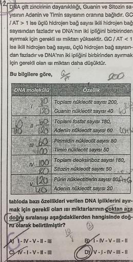 DNA çift zincirinin dayanıklılığı, Guanin ve Sitozin sa-
yısının Adenin ve Timin sayısının oranına bağlıdır. GC
/AT> 1 ise üçlü hidrojen bağ sayısı ikili hidrojen bağ
sayısından fazladır ve DNA'nın iki ipliğini birbirinden
ayırmak için gerekli ısı miktarı 