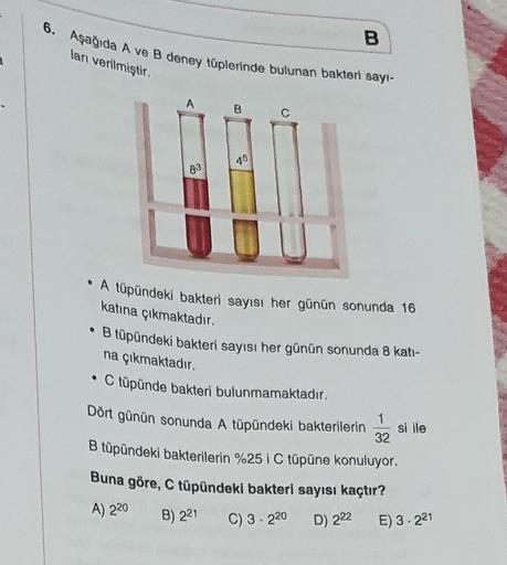 6. Aşağıda A ve B deney tüplerinde bulunan bakteri sayı-
ları verilmiştir.
83
B
48
B
• A tüpündeki bakteri sayısı her günün sonunda 16
katına çıkmaktadır.
• B tüpündeki bakteri sayısı her günün sonunda 8 kati-
na çıkmaktadır.
• C tüpünde bakteri bulunmamak