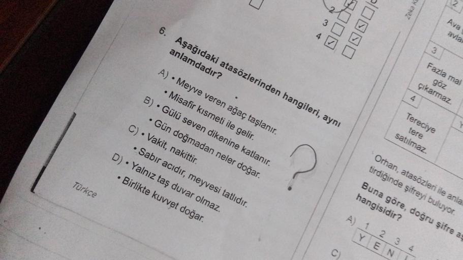 Türkçe
7
anlamdadır?
6. Aşağıdaki atasözlerinden hangileri, aynı
A) • Meyve veren ağaç taşlanır.
• Misafir kısmeti ile gelir.
C). Vakit, nakittir.
B) Gülü seven dikenine katlanır.
• Gün doğmadan neler doğar.
• Sabir acıdır, meyvesi tatlıdır.
D). Yalnız taş