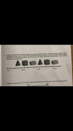 8. Aşağıda üç farklı geometrik cisimden oluşan altı tane yapboz parçası verilmiştir. Üzerinde tam sayılar yazan bu yapboz
parçalarından iki tanesi aynı, bir tanesi farklı geometrik cisim olması koşuluyla üç tanesi seçilecektir. Seçilen yapboz
parçalarından aynı geometrik cisimlerin üzerinde bulunan tam sayıların toplamından farklı geometrik cismin üzerinde
bulunan tam sayı çıkarılacaktır.
-10
+24
+35
-18
+19
-42
Buna göre yapılacak seçimde elde edilecek en büyük tam sayı ile en küçük tam sayının farkı kaçtır?
A) 100
B) 105
C) 126
D) 148
9. Aşağıdaki sayı doğrusunda -7 ile +9 arası on altı eş parçaya bölünmüş ve her bir parça 1 birim olarak kabul edilmiştir.