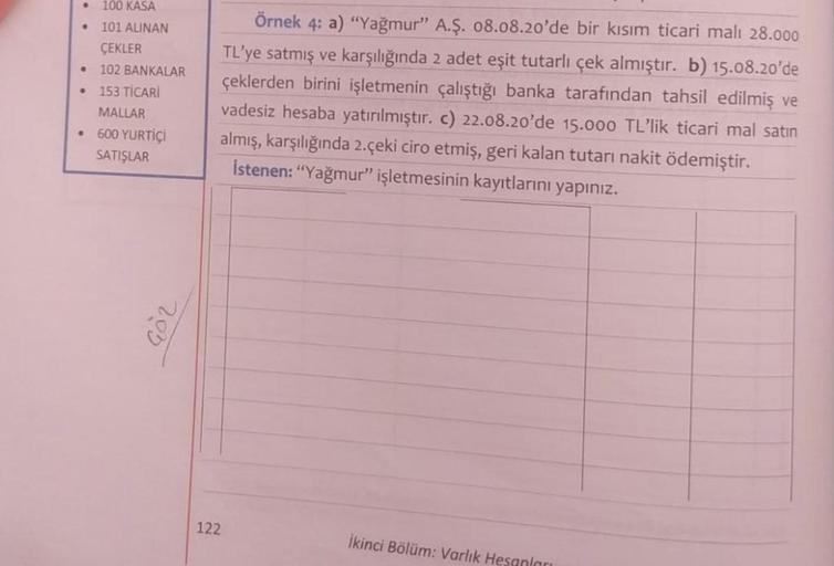 • 100 KASA
●
101 ALINAN
ÇEKLER
● 102 BANKALAR
• 153 TİCARİ
MALLAR
600 YURTİÇİ
SATIŞLAR
●
203
122
Örnek 4: a) "Yağmur" A.Ş. 08.08.20'de bir kısım ticari malı 28.000
TL'ye satmış ve karşılığında 2 adet eşit tutarlı çek almıştır. b) 15.08.20'de
çeklerden biri