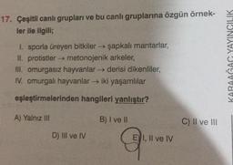 17. Çeşitli canlı grupları ve bu canlı gruplarına özgün örnek-
ler ile ilgili;
1. sporla üreyen bitkiler → şapkalı mantarlar,
II. protistler → metonojenik arkeler,
III. omurgasız hayvanlar →→ derisi dikenliler,
IV. omurgalı hayvanlar → iki yaşamlılar
eşleştirmelerinden hangileri yanlıştır?
A) Yalnız III
D) III ve IV
B) I ve II
9
E) I, II ve IV
C) II ve III
KARAAĞAÇ YAYINCILIK