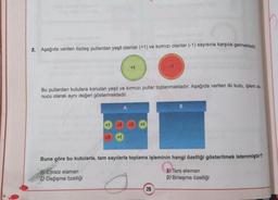 5. Aşağıda verilen özdeş pullardan yeşil olanlar (+1) ve kırmızı olanlar (-1) sayısına karşılık gelmektedir.
Bu pullardan kutulara konulan yeşil ve kırmızı pullar toplanmaktadır. Aşağıda verilen iki kutu, işlem so-
nucu olarak aynı değeri göstermektedir.
+1
A
B
Buna göre bu kutularla, tam sayılarla toplama işleminin hangi özelliği gösterilmek istenmiştir?
A) Etkisiz elaman
C) Değişme özelliği
26
B) Ters eleman
D) Birleşme özelliği