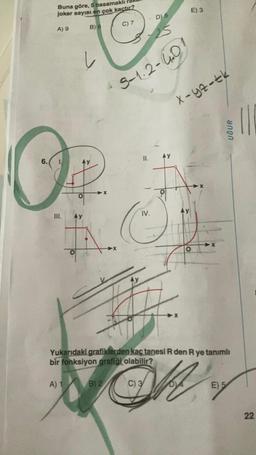Buna göre, 5 basamaklı
joker sayısı en çok kaçtır?
A) 9
C) 7
B) 8
L
6.
OP.
III.
Ay
D) 5
IV.
E) 3
S-1.2-401
x-yz-tk
UĞUR
#
Yukarıdaki grafiklerden kaç tanesi R den R ye tanımlı
bir fonksiyon grafiği olabilir?
A) 1 B) 2
C) 3
E) 5
22