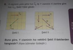 6. X cisminin yere göre hızı Vx ile Y cisminin X cismine göre
hızı Vyx Şekil I'deki gibidir.
Vyx
Şekil I
Vx
IV
Ill
Şekil II
||
V
Buna göre, Y cisminin hız vektörü Şekil Il'dekilerden
hangisidir? (Kare bölmeler özdeştir.)
FİZİK