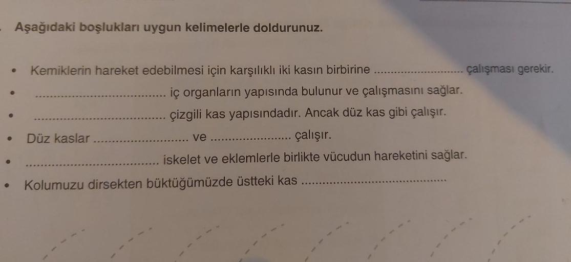 ●
Aşağıdaki boşlukları uygun kelimelerle doldurunuz.
Kemiklerin hareket edebilmesi için karşılıklı iki kasin birbirine
Düz kaslar
çalışması gerekir.
iç organların yapısında bulunur ve çalışmasını sağlar.
çizgili kas yapısındadır. Ancak düz kas gibi çalışır
