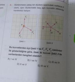 smine
iyor.
3. Sürtünmesiz yatay bir düzlem üzerindeki noktasal p
cismi, aynı düzlemdeki beş ayrı kuvvetin etkisinde
hareketsiz kalıyor.
a
F3
F₁
Şekil 1
F₂
D) II ve V
IV
Şekil 2
Bu kuvvetlerden üçü Şekil 1'de F₁, F₂, F3 vektörleri
ile gösterildiğine göre, öteki iki kuvvet Şekil 2'de
verilenlerden hangileri olabilir?
A) I ve III
B) I ve IV
E) III ve V
C) III ve IV