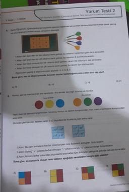 1. Unite 1. Bölüm
5.
6.
4
A) 13
Tık
A
Deniz Öğretmen, öğrencilerine tamsayilarda işlemleri öğretmek için sınıftaki tahtaya rakamlan kangik olarak yazmış
ve ucu yapışkanlı dartlan sırayla atmalarını istemiştir.
UIL
9
A)
Yorum Testi 2
Tam Sayitaria işlemler (Çarpma ve Bölme. Tam Sayılanın Kuvveti ve Problemler)
2
B
1
B
T
7
• Abilan dart asal olan bir tek rakama denk gelirse, bu rakamın toplamaya göre tersi alınacaktır.
• Abilan dart asal olan bir çift rakama denk gelirse, bu rakamın 3. kuvveti alınacaktır.
• Atilan dart asal olmayan bir tek rakama denk gelirse, rakam 3'e bölünüp 4 katı alınacaktır.
• Atilan dart asal olmayan bir çift rakama denk gelirse, bu rakam 2'ye bölünecektir.
Öğrencileri yaptığı 5 atışın sonuçlanı şöyledir: 5, 2, 9, 8, 3
Buna göre, her bir atışın sonunda bulunan sayılar toplandığında elde edilen sayı kaç olur?
71
B) 16
Kırmızı, sarı ve mavi renkler ana renklerdir. Ara renkler ise yeşil, turuncu ve mordur.
Ara renkler
Ana renkler
B)
Yeşil; mavi ve sarının karışımından, turuncu; kırmızı ve sarının karışımından, mor; mavi ve kırmızının karışımından
elde edilir.
Elimizde içlerinde üslü ifadeler yazan 2 x 2 boyutlarında iki adet eş cam levha vardır.
(-1)0 (-1)3
(-1)8 (-1)2
C) 19
(1)⁰ (0)²
1.Adım; Bu cam levhaların her bir bölümündeki üslü ifadelerin sonuçları bulunacaktır.
2.Adım; Sonuç "+" çıkarsa levha kırmızıya, "-" çıkarsa sarıya, "0" çıkarsa maviye boyanacaktır.
3.Adım; İki cam levha yukarıdaki biçimlerini bozmadan tüm bölmeler çakışacak şekilde üst üste konacaktır.
Buna göre, en sonunda oluşan renk tablosu aşağıdaki renklerden hangisi gibi olabilir?
C)
D) 21
D)
fikribilimyayinlari.com