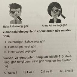 Baba kahverengi göz
Anne kahverengi göz
Yukarıdaki ebeveynlerin çocuklarının göz renkle-
rinin,
I. Heterezigot kahverengi göz
II. Homozigot yeşil göz
III. Heterozigot yeşil göz
fenotip ve genotipleri hangileri olabilir? (Kahve-
rengi göz rengi geni, yeşil göz rengi genine baskın-
dir)
A) Yalnız 1 B) I ve II C) I ve III
D) I, II ve II