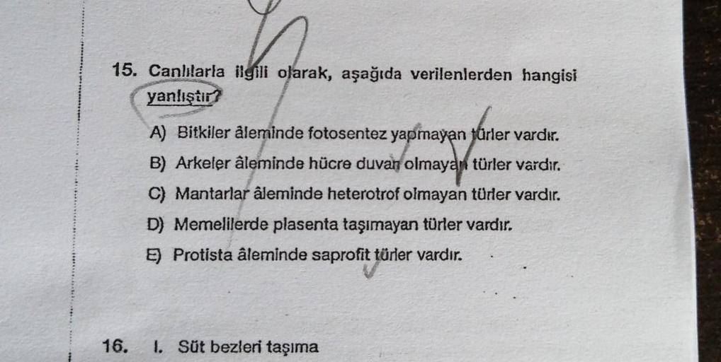 15. Canlılarla ilgili olarak, aşağıda verilenlerden hangisi
yanlıştır?
16.
A) Bitkiler aleminde fotosentez yapmayan türler vardır.
B) Arkeler âleminde hücre duvan olmayan türler vardır.
C) Mantarlar âleminde heterotrof olmayan türler vardır.
D) Memelilerde