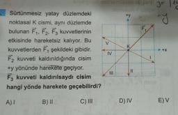 Sürtünmesiz yatay düzlemdeki
noktasal K cismi, aynı düzlemde
bulunan F₁, F2, F3 kuvvetlerinin
etkisinde hareketsiz kalıyor. Bu
kuvvetlerden F₁ şekildeki gibidir.
F₂ kuvveti kaldırıldığında cisim
+y yönünde harekete geçiyor.
F3 kuvveti kaldırılsaydı cisim
hangi yönde harekete geçebilirdi?
A) I
C) III
B) II
IV
+y
D) IV
Pi J=
" P
y
+X
E) V