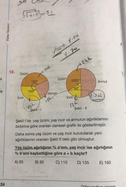 A
le
24
Palme Yayınevi
12.
A) 52
55+133=31
Üzüm
Incir
150°
120°
24k
Şekil - 1
Jok
1/20+ 1.50
Armut
18kr
1.70
Üzüm
→ 24k
120%
İncir
60°
124
Şekil - II
Armut
76E
Şekil l'de yaş üzüm, yaş incir ve armutun ağırlıklarının
birbirine göre oranları dairesel grafik ile gösterilmiştir.
Daha sonra yaş üzüm ve yaş incir kurutularak yeni
ağırlıklarının oranları Şekil Il'deki gibi olmuştur.
Yaş üzüm ağırlığının % a'sını, yaş incir ise ağırlığının
% b'sini kaybettiğine göre a + b kaçtır?
A) 65
B) 85
C) 110
D) 135
E) 160
Dičer soufove cociniz