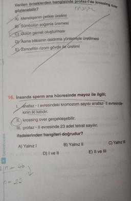 ►/benimhocam
Verilen örneklerden hangisinde profaz-l'de krossing over
meze
gözlenebilir?
A) Menekşenin çelikle üretimi
B) Sümbülün soğanla üremesi
C) Gülün gamet oluşturması
DY Asma bitkisinin daldırma yöntemiyle üretilmesi
E) Zencefilin rizom gövde ile üretimi
16. İnsanda sperm ana hücresinde mayoz ile ilgili;
1. anafaz - I evresindeki kromozom sayısı anafaz- Il evresinde-
kinin iki katıdır.
II. krossing over gerçekleşebilir.
III. profaz-II evresinde 23 adet tetrat sayılır.
ifadelerinden hangileri doğrudur?
A) Yalnız I
B) Yalnız II
210 = 46
h = 23
2
D) I ve II
E) II ve III
C) Yalnız III