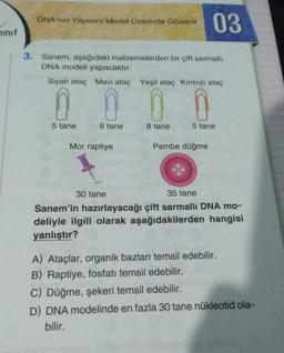 smif
03
3. Sanem, aşağıdaki malzemelerden bir çift sarmalli
DNA modeli yapacaktır.
DNA'nın Yapısını Model Üzerinde Gösterir
Siyah ataç Mavi ataç Yeşil ataç Kırmızı ataç
0000
8 tane
8 tane
5 tane
Mor raptiye
30 tane
5 tane
Pembe düğme
35 tane
Sanem'in hazırlayacağı çift sarmallı DNA mo-
deliyle ilgili olarak aşağıdakilerden hangisi
yanlıştır?
A) Ataçlar, organik bazları temsil edebilir.
B) Raptiye, fosfatı temsil edebilir.
C) Düğme, şekeri temsil edebilir.
D) DNA modelinde en fazla 30 tane nükleotid ola-
bilir.