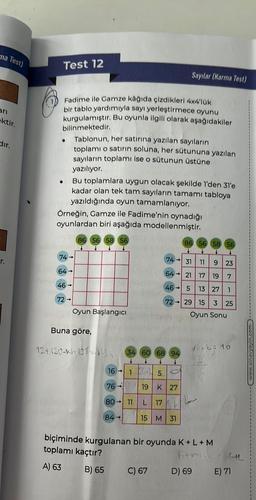 ma Test)
arı
ektir.
dir.
r.
Test 12
Fadime ile Gamze kâğıda çizdikleri 4x4'lük
bir tablo yardımıyla sayı yerleştirmece oyunu
kurgulamıştır. Bu oyunla ilgili olarak aşağıdakiler
bilinmektedir.
●
Bu toplamlara uygun olacak şekilde l'den 31'e
kadar olan tek tam sayıların tamamı tabloya
yazıldığında oyun tamamlanıyor.
Tablonun, her satırına yazılan sayıların
toplamı o satırın soluna, her sütununa yazılan
sayıların toplamı ise o sütunun üstüne
yazılıyor.
Örneğin, Gamze ile Fadime'nin oynadığı
oyunlardan biri aşağıda modellenmiştir.
14
74-
64-
46->
72->
86 56 58 56
Oyun Başlangıcı
Buna göre,
12+ (30-k)+(38) 234
16->
76
80-> 77
84-
74
64
46->
34 60 68 94
↓ ↓ ↓
15
19
L 17
C) 67
K 27
15 M 31
Sayılar (Karma Test)
86 56 58 56
↓ ↓
MNS2
31
21
13
72 →29 15
5
=13
11
17
9 23
19 7
27
1
3 25
Oyun Sonu
18+6 = 10
biçiminde kurgulanan bir oyunda K + L+M
toplamı kaçtır?
A) 63
B) 65
KAM GAL
D) 69 E) 71
www.sinavyayin.com