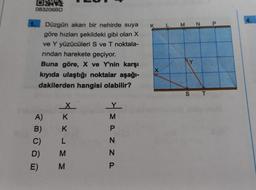 DNS
083206BD
Düzgün akan bir nehirde suya
göre hızları şekildeki gibi olan X
ve Y yüzücüleri S ve T noktala-
rindan harekete geçiyor.
Buna göre, X ve Y'nin karşı
kıyıda ulaştığı noktalar aşağı-
dakilerden hangisi olabilir?
A)
B)
C)
D)
E)
= |x
XXLM M
X
K
03k
PNN P
KL
MN
Y
ST
P