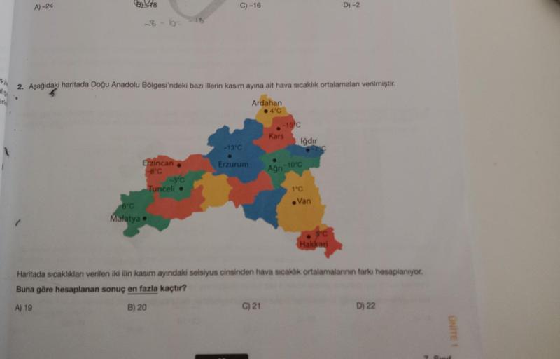 (8) 18
A) -24
kile
2. Aşağıdaki haritada Doğu Anadolu Bölgesi'ndeki bazı illerin kasım ayına ait hava sıcaklık ortalamaları verilmiştir.
alise
erly
6°C
Malatya
Erzincan
-8°C
C)-16
Tunceli
-13°C
Erzurum
Ardahan
4°C
-15 C
C) 21
Kars
Ağrı
Iğdır
-10°C
1°C
● Va