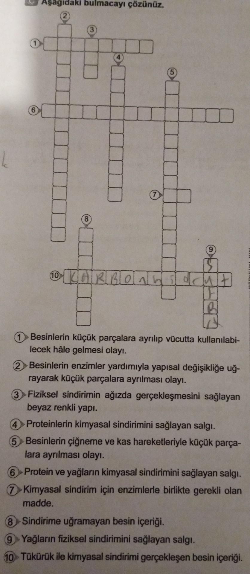 Aşağıdaki bulmacayı çözünüz.
2
O
3
8
10 KARBOOL
(F
B
Besinlerin küçük parçalara ayrılıp vücutta kullanılabi-
lecek hâle gelmesi olayı.
2 Besinlerin enzimler yardımıyla yapısal değişikliğe uğ-
rayarak küçük parçalara ayrılması olayı.
3 Fiziksel sindirimin a