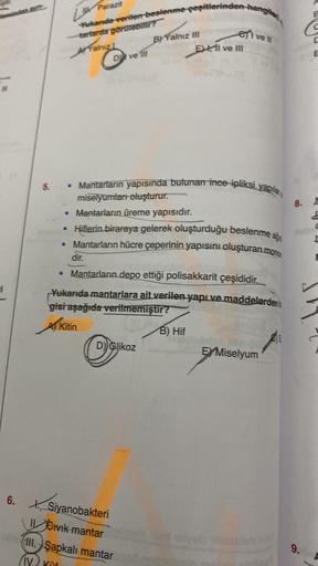 5.
Parazit
Nukanda verilen beslenme çeşitlerinden hangile
tartarda görülebilir?
AYalniz L
●
Dve ll
• Mantarların yapısında bulunan ince ipliksi yapılar
miselyumları oluşturur.
• Mantarların üreme yapısıdır.
B) Yalnız III
Hiflerin biraraya gelerek oluşturdu