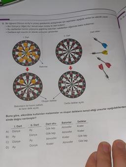 5. Bir öğrenci Dünya ve Ay'ın yüzey şekillerinin anlaşılması için aşamaları aşağıda verilen bir etkinlik yapar.
• Biri Dünya'yı diğeri Ay'ı temsil eden özdeş iki dart kullanır.
. Bu dartlardan birinin yüzeyine şişirilmiş balonları sabitlerken diğerinde balon kullanmaz.
▸
• Dartlara eşit sayıda ok atarak sonuçları gözlemler.
14
11
8
9
11
16
14
8
9
12
16
12
1
5
1. Dart
A) Dünya
B) Ay
C) Dünya
D) Ay
19 3 17
5
201
1. Dart
20
1
18
19 3
3 17
4
15
18
13
6
Ay
Dünya
4
Ay
Dünya
Balonlar
II. Dart
13
15
Balonların bir kısmı patladı,
iki tane delik açıldı.
6
10
14
11
Oluşan delikler
Dart oku
Gök taşı
Gök taşı
Atmosfer
Krater
9
8
12
16
14
11
9
8
II. Dart
5
12
16
20 1
18
19 3 17
20 1
2
Balonlar
Atmosfer
Atmosfer
Krater
Atmosfer
13
15
18
6
10
2
Buna göre, etkinlikte kullanılan malzemeler ve oluşan deliklerin temsil ettiği unsurlar aşağıdakilerden
sinde doğru verilmiştir?
13
6
10
15
19 3 17
Dartta delikler açıldı.
Dart okları
Delikler
Krater
Krater
Gök taşı
Gök taşı