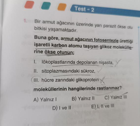 Bir armut ağacının üzerinde yarı parazit ökse otu
bitkisi yaşamaktadır.
Test-2
Buna göre, armut ağacının fotosentezle ürettiği
işaretli karbon atomu taşıyan glikoz molekülle-
rine ökse otunun;
I. lökoplastlarında depolanan nişasta,
II. sitoplazmasındaki sü