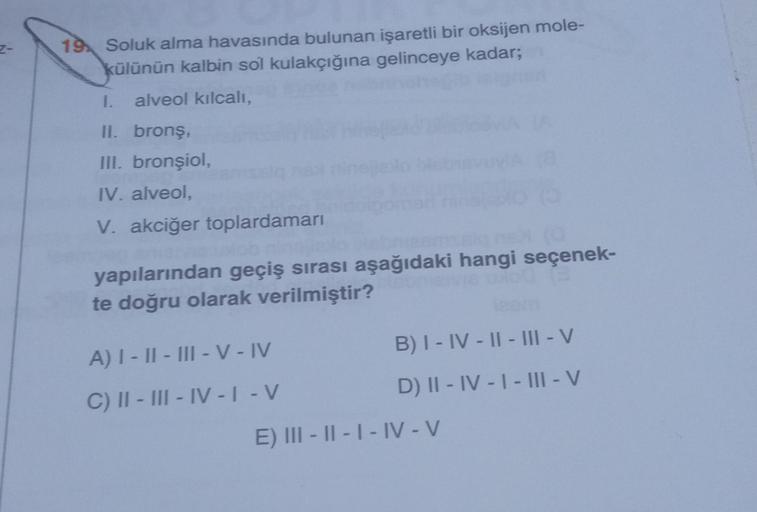 Z-
19 Soluk alma havasında bulunan işaretli bir oksijen mole-
külünün kalbin sol kulakçığına gelinceye kadar;
1. alveol kılcalı,
II. bronş,
III. bronşiol,
IV. alveol,
V. akciğer toplardamarı
siq nax (0
yapılarından geçiş sırası aşağıdaki hangi seçenek-
te